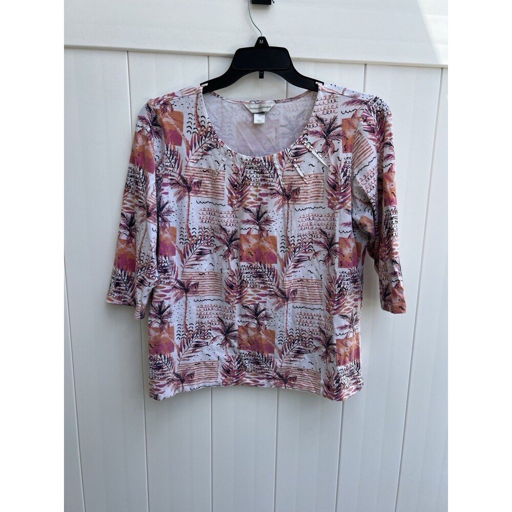 Christopher & Banks Womens XL Top Floral 3/4 Sleeve Tropical Cotton Embellished